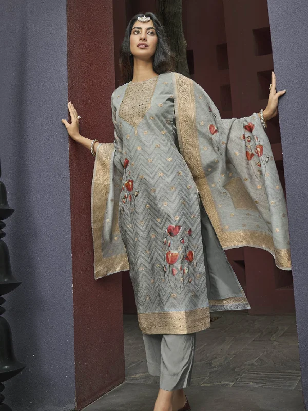 Grey Traditional Designer Semi-Stitched Chanderi Jacquard Pant Suit With Digital Printed Work Slim Fit Casual Pants