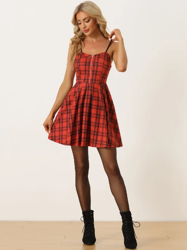 Elegant Plaid Spaghetti Strap Christmas Skater Dress Tunics Print Colorful