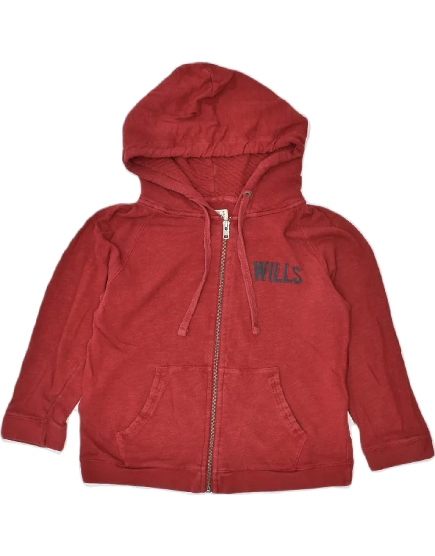 JACK WILLS Womens 3/4 Sleeve Zip Hoodie Sweater UK 14 Medium Red Cotton Notch Collar Peter Pan Collar Cowl Neck