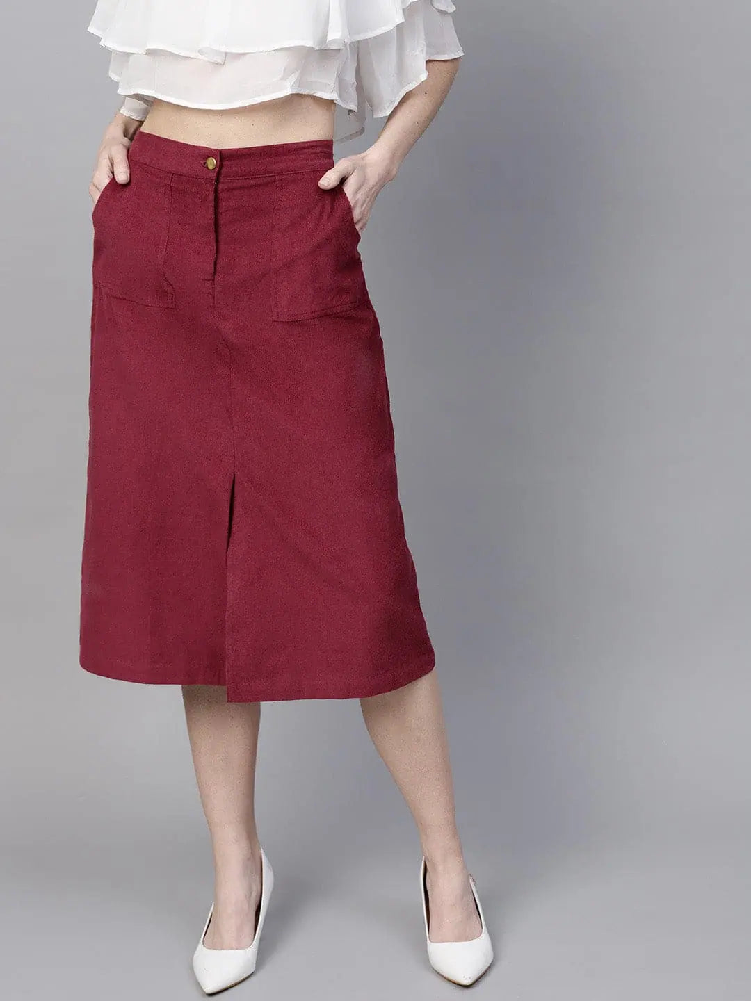 Maroon Front Slit Corduroy Midi Skirt breathable skirt fabric