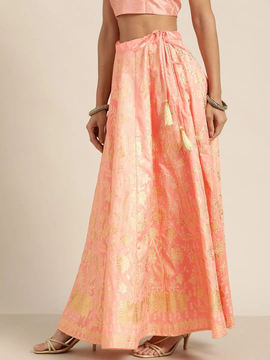 Peach Foil Print Anarkali Skirt corduroy skirt durable