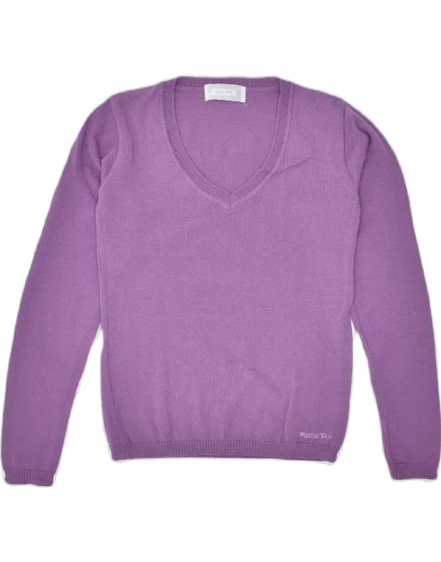 MELTIN' POT Womens V-Neck Jumper Sweater UK 12 Medium Purple Wool Iron Safe Non-Iron Wrinkle Free