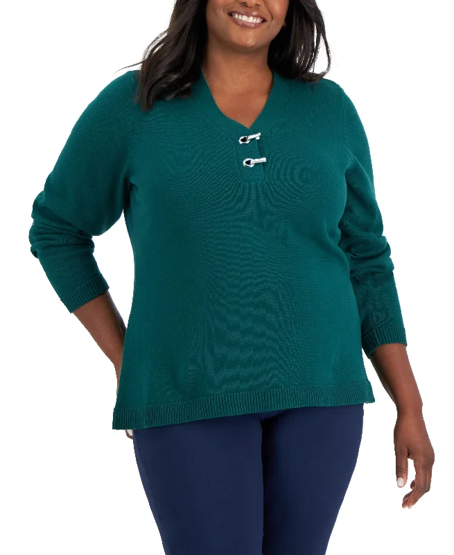 Karen Scott Plus Size Cotton Henley Sweater Zippered Front Buttoned Front Snap Front