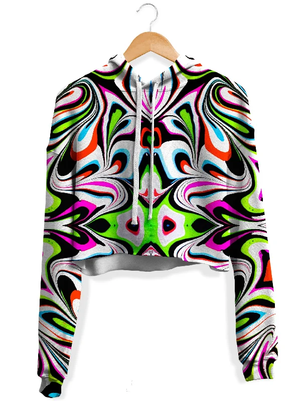 Neon Zebra Portal Fleece Crop Hoodie Hoodie with Applique Textured Unique