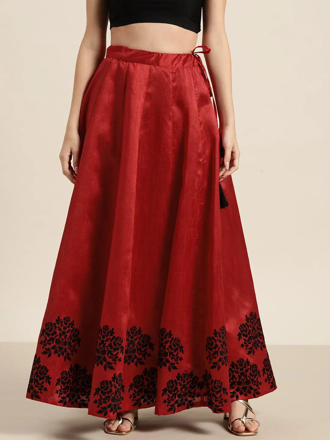 Red Flock Print Anarkali Skirt button skirt front