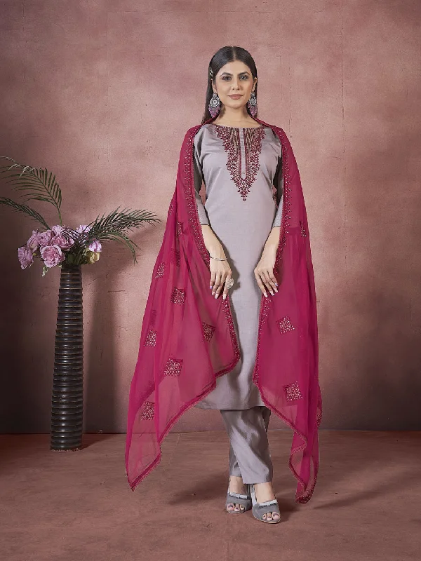 Grey Attractive Looking Readymade Pant Suit With Designer Embroidery Work Classic Stretch Pants