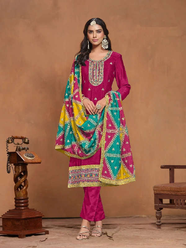 Rani Pink Designer Heavy Semi-Stitched Pant Suit With Embroidery Work Comfortable Denim Trousers