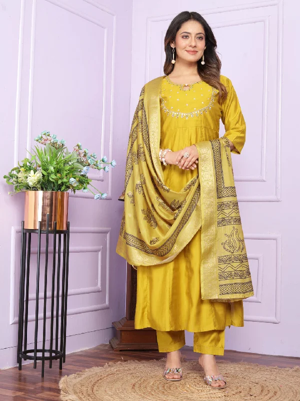 Yellow Premium Designer Nyra Cut Readymade Pant Suit With Hand Work Elegant Wool Trousers