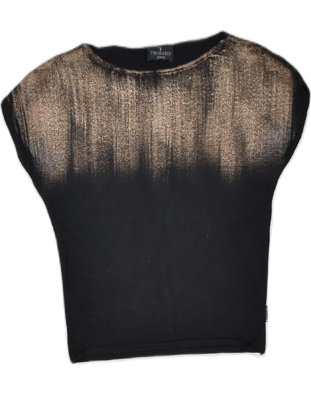 TRUSSARDI Womens Sleeveless Crew Neck Jumper Sweater UK 10 Small Black Print Jacquard Patchwork