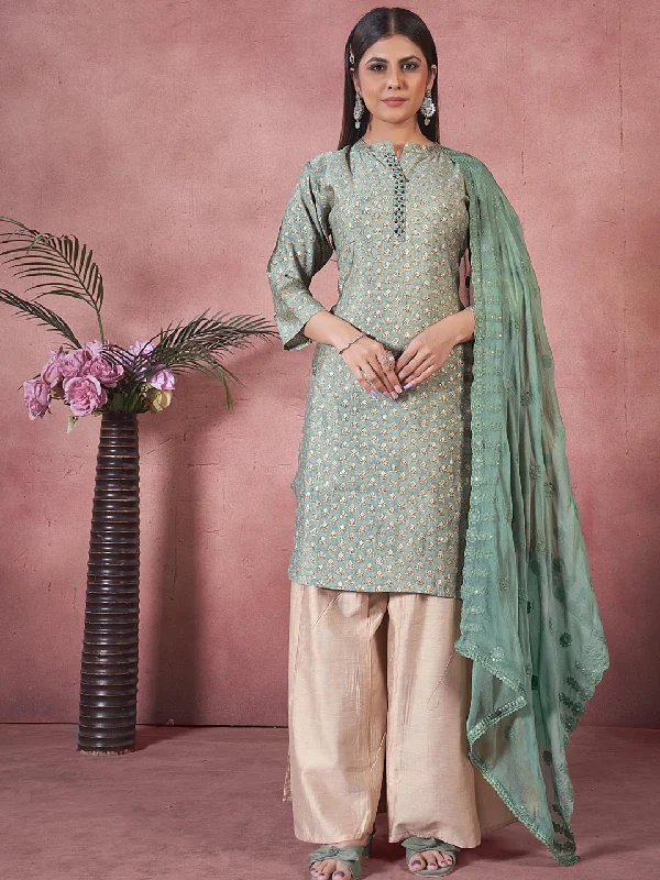 Sea Green Designer Readymade Pant Suit With Embroidery Work Modern Bootcut Pants