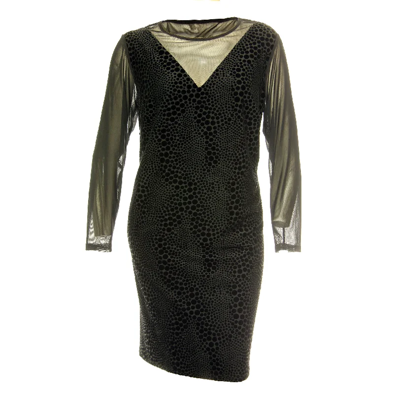 Spense Black Dot Burnout Long Sleeve Illusion Dress Tunics Designer luxury