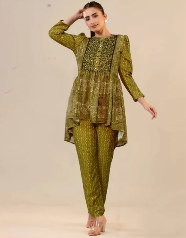 Chic Mehendi Cotton Designer Party Wear Fancy Readymade Kurta With Paint Suit Design Pant Slim-Fit Khaki Pants