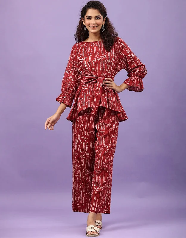 Glamorous Maroon Cotton Blend Beautiful Readymade Co-Ord Top With Bottom Set Suit Design Pant Classic Flared Pants