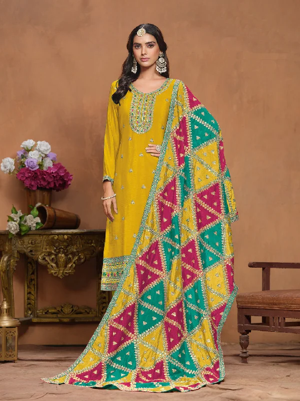 Mustard Designer Heavy Semi-Stitched Pant Suit With Embroidery Work Elegant Wool Trousers