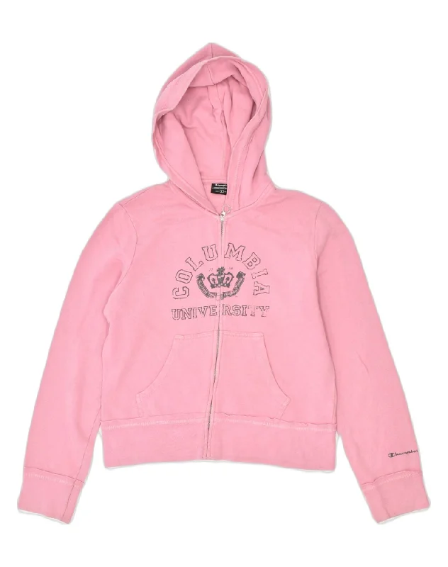 COLUMBIA Womens Graphic Zip Hoodie Sweater UK 14 Large Pink Cotton Collared Crew Neck Turtle Neck