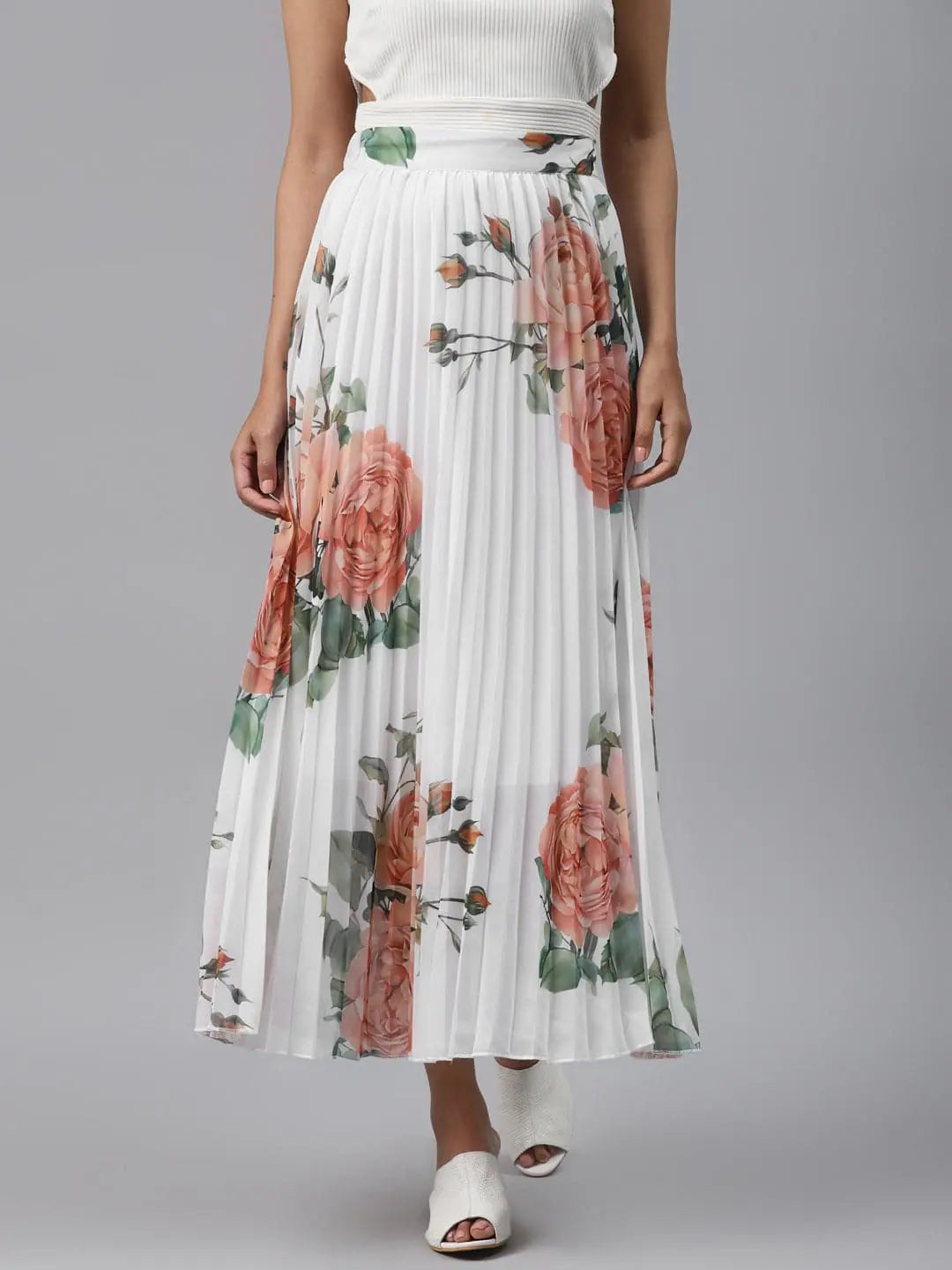 White Floral Pleated Maxi Skirt asymmetrical skirt cut