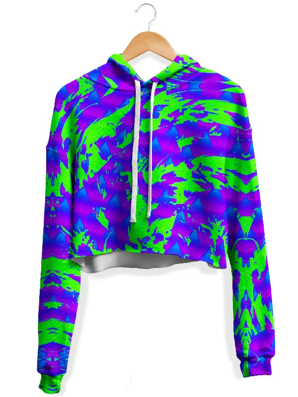 Green and Purple Hypno Splatter Fleece Crop Hoodie Cotton Hoodie Fleece Lining Warmth