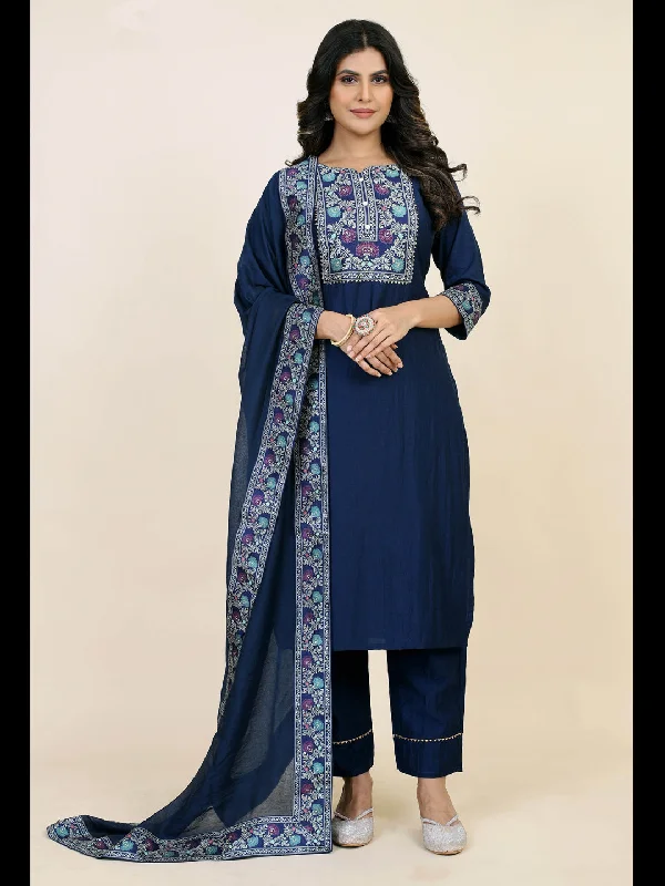 Navy Blue Trendy Designer Readymade Pant Suit With Embroidery Work Comfortable Cargo Pants