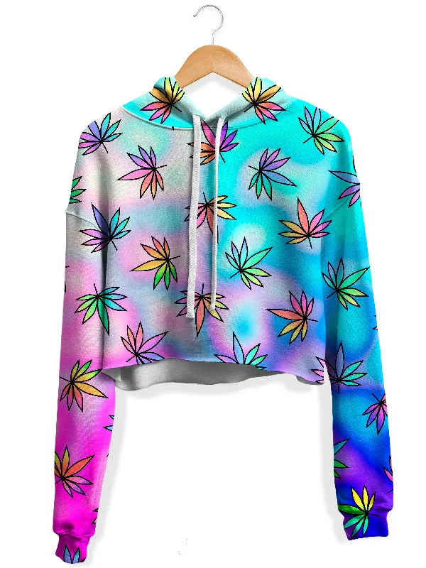 Cascading Marijuana Fleece Crop Hoodie Hoodie with Gradient Ombre Colorful