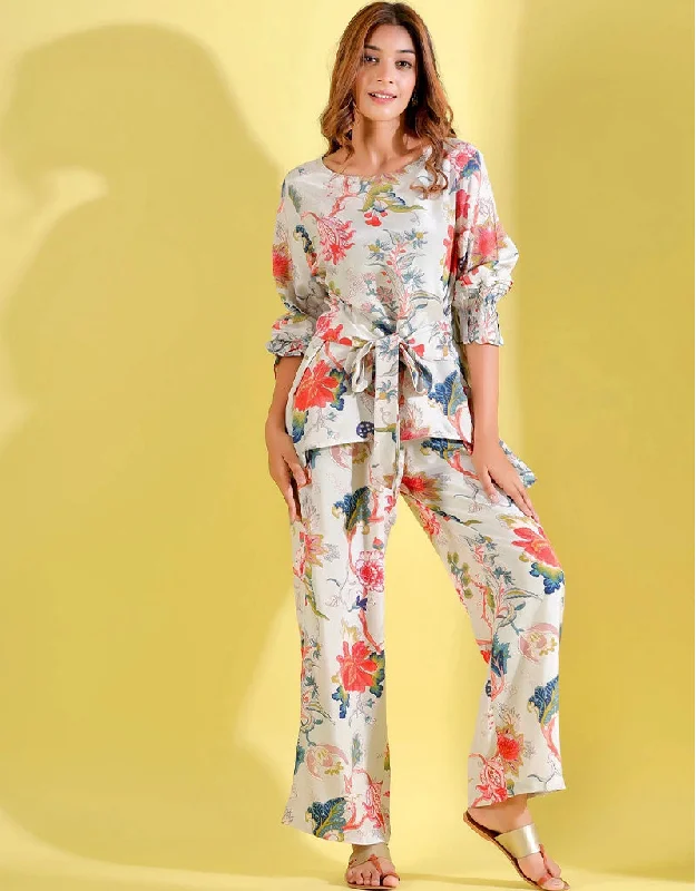 Chic Off White Cotton Blend Beautiful Readymade Co-Ord Top With Bottom Set Suit Design Pant Trendy High-Waist Trousers