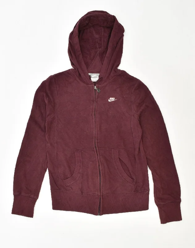 NIKE Womens Zip Hoodie Sweater UK 10 Small Burgundy Cotton Transparent Opaque Sheer