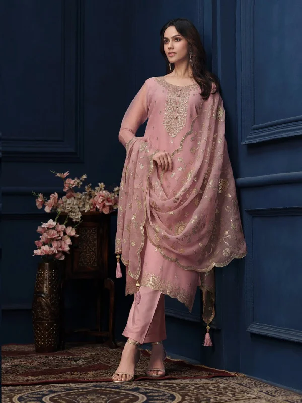 Pink Designer Heavy Semi-Stitched Pant Suit With Embroidery Work Stylish Elastic Waist Pants