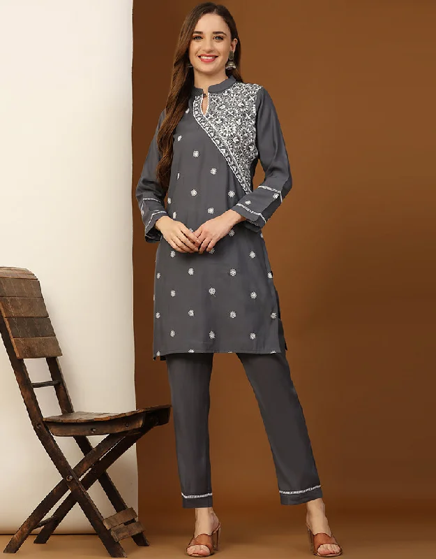 Designer Party Wear Readymade Co-Ords Sets Colletion Grey Silk Pant Suit Casual Sweatpants Style