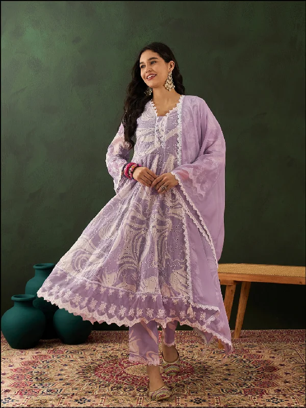 Purple Designer Readymade Pant Suit With Printed schiffli Embroidery Work Relaxed High-Waist Trousers