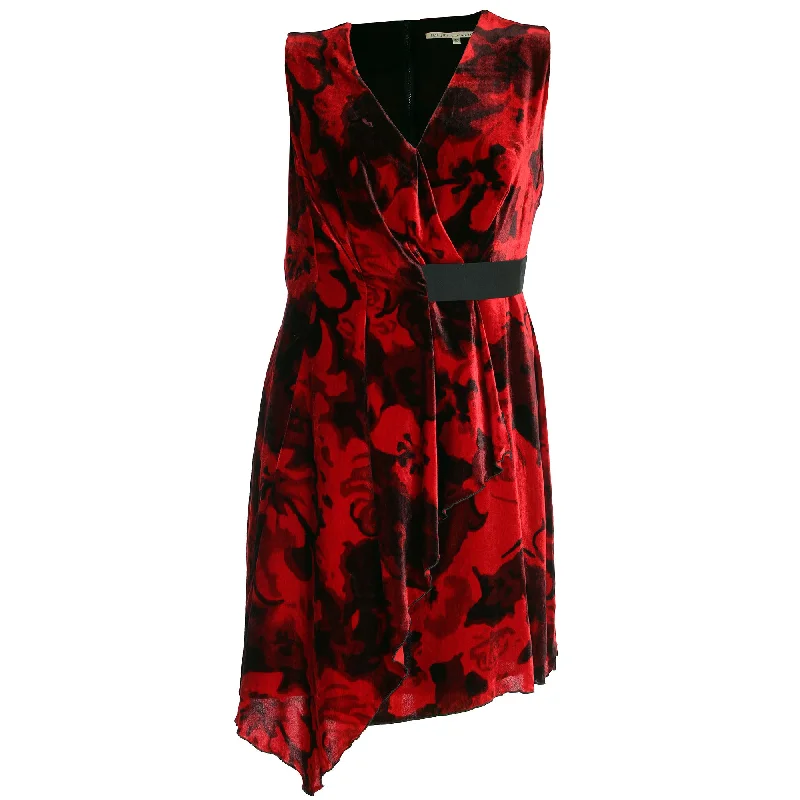 Rachel Roy Red / Black Print Sleeveless Drape Velvet Asymmetric Dress Tunics Running lightweight