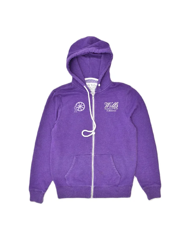 JACK WILLS Womens Graphic Zip Hoodie Sweater UK 14 Medium Purple Cotton Boat Neck Shawl Collar Notched Collar