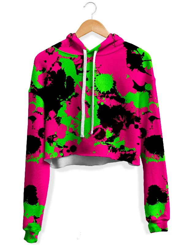 Pink Black and Green Paint Splatter Fleece Crop Hoodie Hoodie with Tied Waist Feminine Flattering