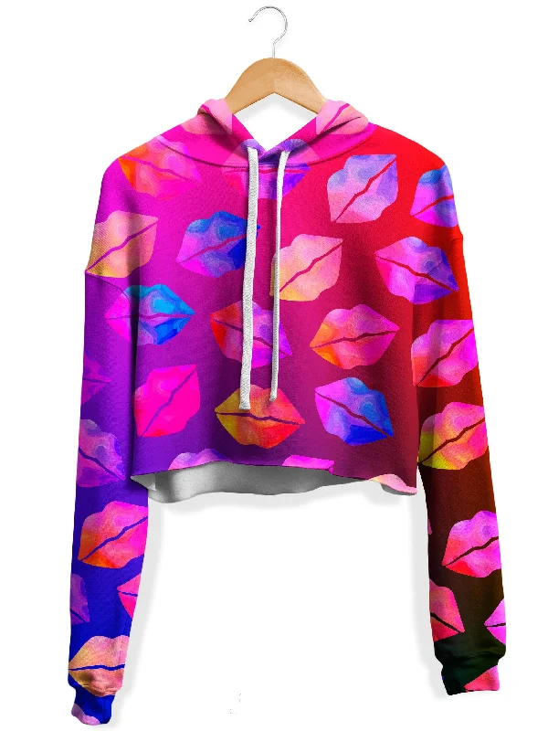 Love Lips Fleece Crop Hoodie Hoodie with Metallic Shiny Futuristic