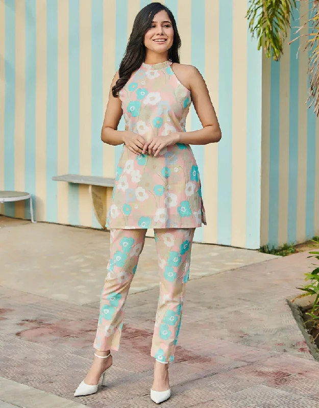 Sleek Pink Cotton Blend Beautiful Readymade Co-Ord Top With Bottom Set Suit Design Pant Formal Wide-Leg Pants