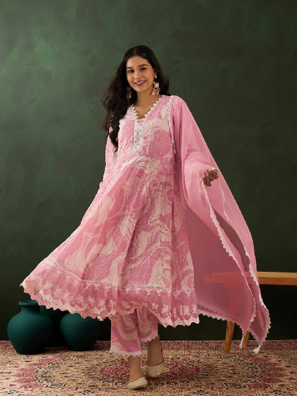 Pink Designer Readymade Pant Suit With Printed schiffli Embroidery Work Fashionable Button-Up Pants