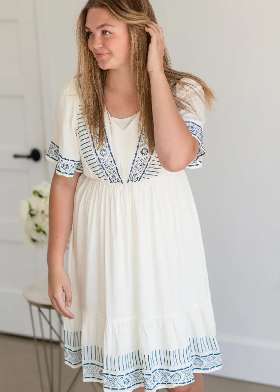 Cream V-Neck Embroidered Dress - FINAL SALE Crew Neckline Casual