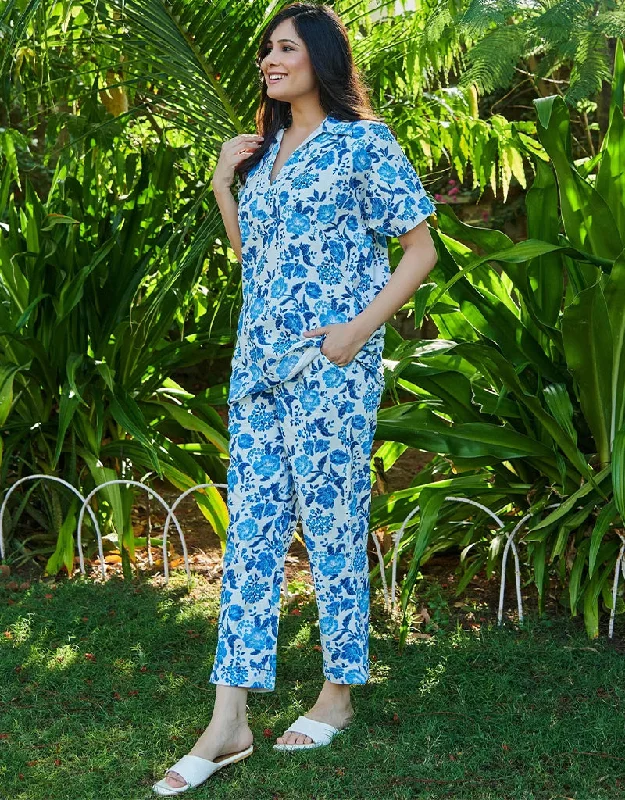 Fashionable Blue Cotton Blend Beautiful Readymade Co-Ord Top With Bottom Set Suit Design Pant Comfy Cargo Trousers