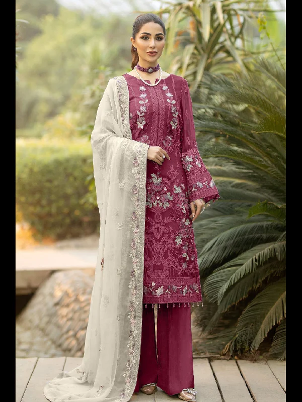 Maroon Designer Semi-Stitched Pant Suit With Embroidery Work High-Waist Trousers