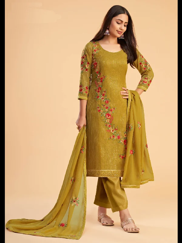 Mustard Designer Heavy Semi-Stitched Pant Suit With Embroidery Work Chic Slim Fit Pants