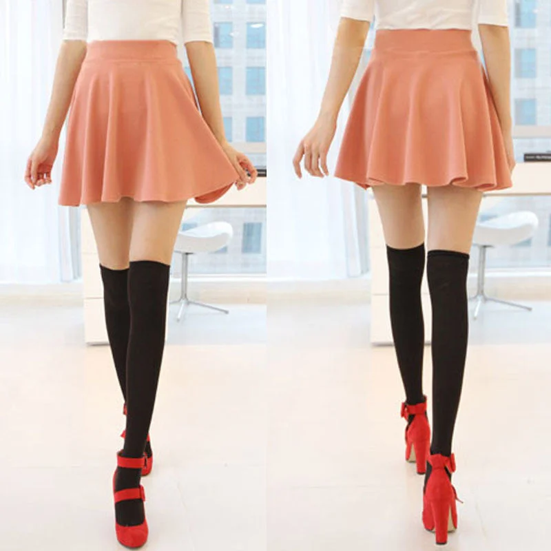 Ladies High Elastic Skirt Waist Cotton Pleated Mini Skirt Short Skirt OL Slim high slit skirt