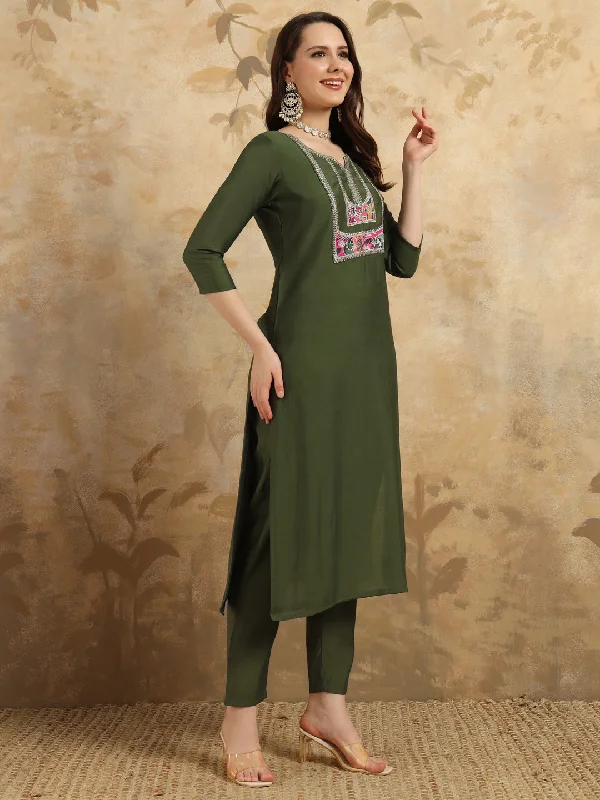 Green Designer Looking Readymade Pant Suit With Embroidery Work Stretch Fit Pants