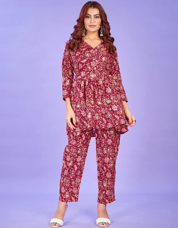 Trendy Function Wear Cotton Top With Pent Co-Ord Set Collection Red Devil Cotton Pant Suit Comfortable Fleece Pants