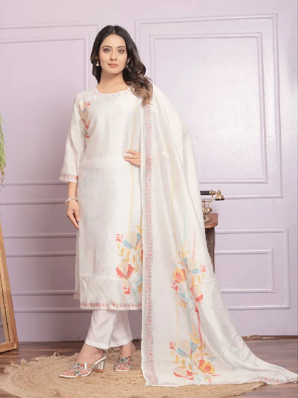 White printed Designer Party Wear Readymade Pant Suit With Hand Work Classic Chino Pants