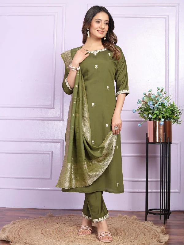 Mehndi Green Designer Party Wear Readymade Pant Suit With Embroidery Work Chic Wool Trousers