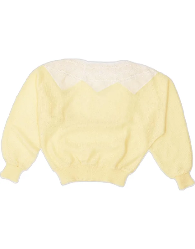 VINTAGE Womens Boat Neck Jumper Sweater UK 16 Large Yellow Cotton Elegant Classic Vintage