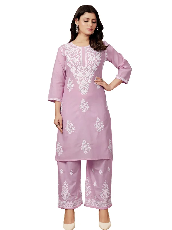 Pink Designer Readymade Cotton Pant Suit With Chikankari Embroidery Work Slim-Fit Khaki Pants