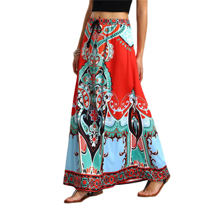 Long Maxi Skirt For Women Arrival Ladies Multicolor Vintage Tribal Print Tassel Tied Waist A Line Skirt velvet skirt plush