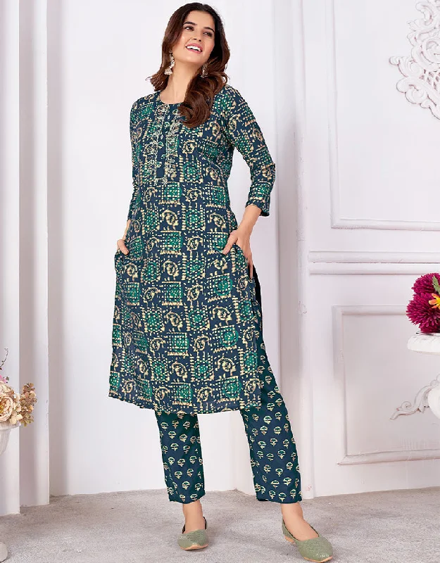 Sophisticated Teal Rayon Beautiful Looking Readymade Top With Bottom Set Straight Design Pant Comfortable Denim Trousers