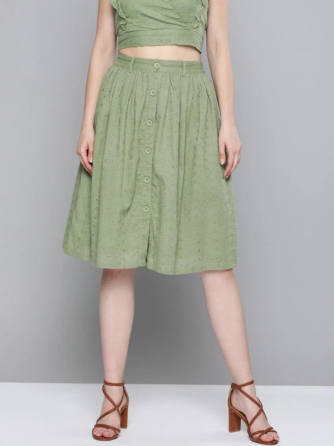 Olive Schiffli Buttoned Skirt leather skirt refined