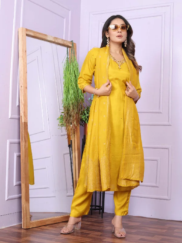 Mustard Designer Party Wear Readymade Pant Suit With Hand Work Relaxed Fit Trousers