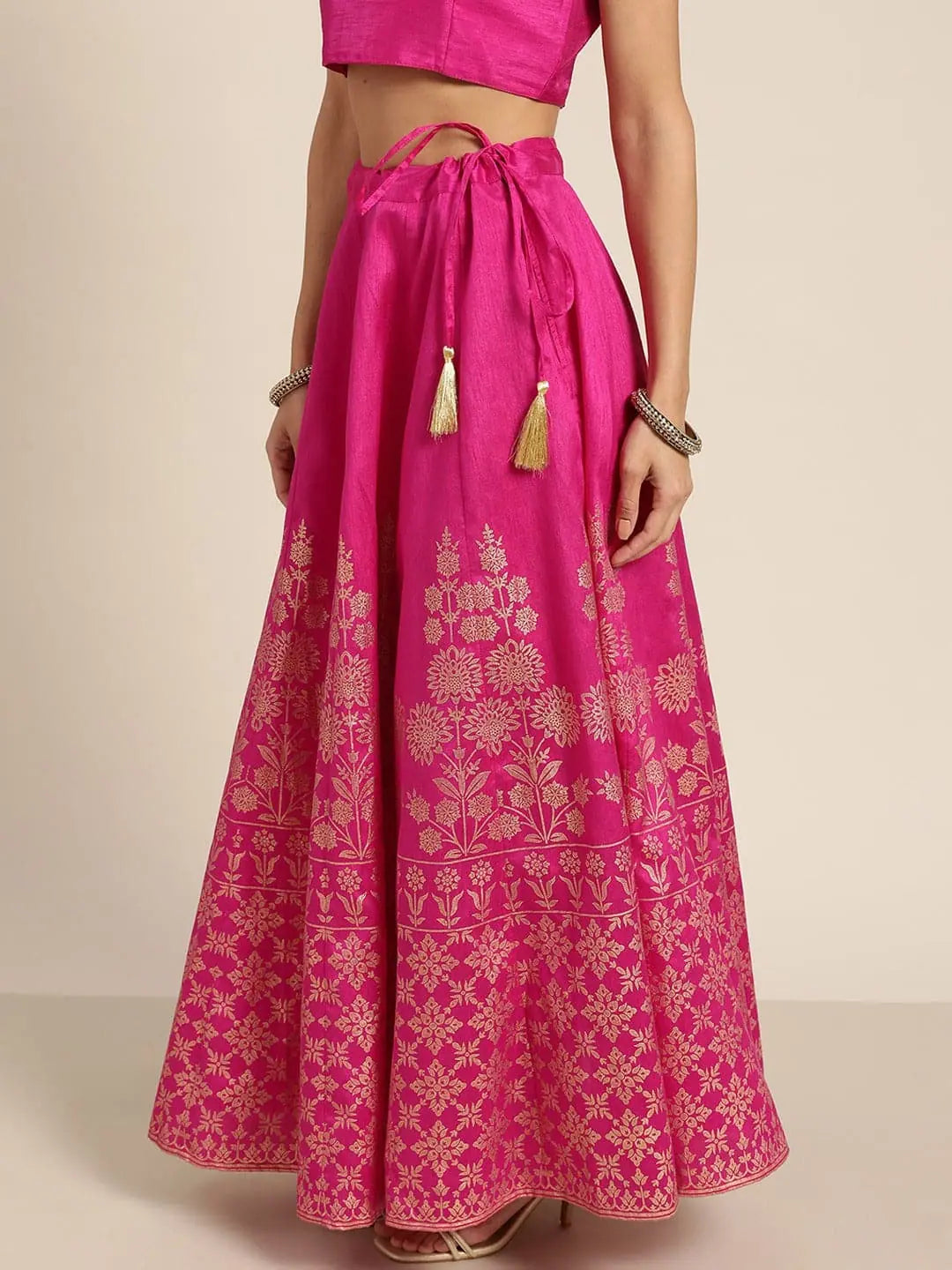 Fuchsia Foil Print Anarkali Skirt denim skirt trendy